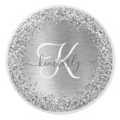 Silver Brushed Metal Glitter Monogram Name Keramische Knop (Voorkant)