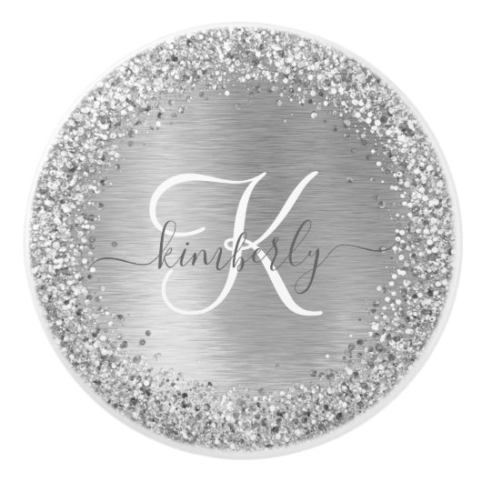 Silver Brushed Metal Glitter Monogram Name Keramische Knop (Voorkant)