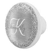Silver Brushed Metal Glitter Monogram Name Keramische Knop (Rechts)