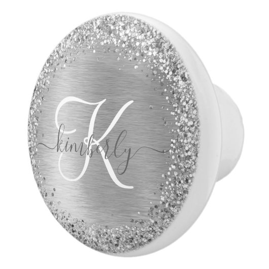 Silver Brushed Metal Glitter Monogram Name Keramische Knop (Rechts)