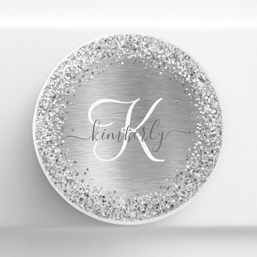Silver Brushed Metal Glitter Monogram Name Keramische Knop
