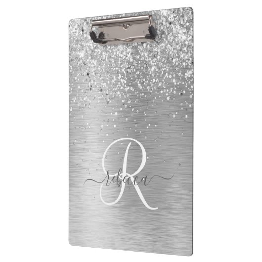 Silver Brushed Metal Glitter Monogram Name Klembord (Links)