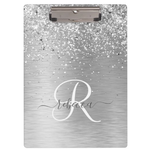 Silver Brushed Metal Glitter Monogram Name Klembord (Voorkant)