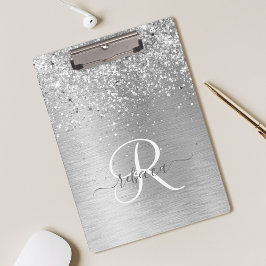 Silver Brushed Metal Glitter Monogram Name Klembord