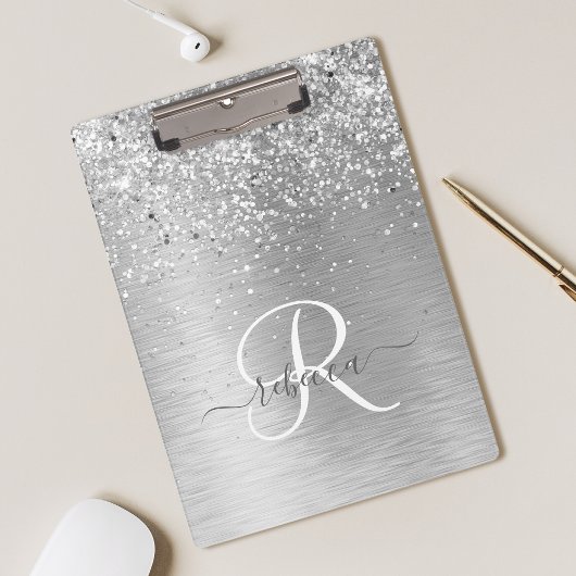 Silver Brushed Metal Glitter Monogram Name Klembord