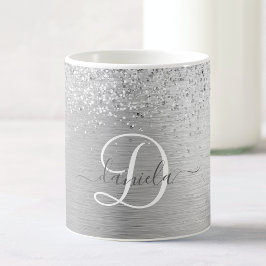 Silver Brushed Metal Glitter Monogram Name Koffiemok