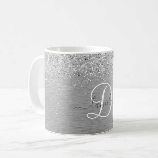 Silver Brushed Metal Glitter Monogram Name Koffiemok (Voorkant links)