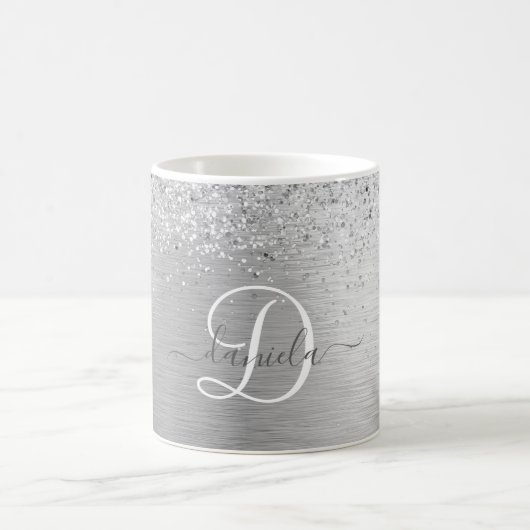 Silver Brushed Metal Glitter Monogram Name Koffiemok (Center)