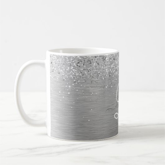 Silver Brushed Metal Glitter Monogram Name Koffiemok (Links)