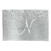 Silver Brushed Metal Glitter Monogram Name Kussensloop (Voorkant)