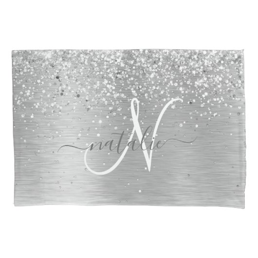 Silver Brushed Metal Glitter Monogram Name Kussensloop (Voorkant)