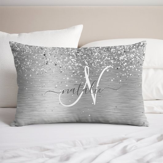 Silver Brushed Metal Glitter Monogram Name Kussensloop