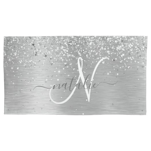 Silver Brushed Metal Glitter Monogram Name Kussensloop (Voorkant)