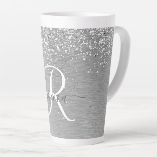 Silver Brushed Metal Glitter Monogram Name Latte Mok (Rechterhoek)