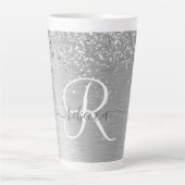 Silver Brushed Metal Glitter Monogram Name Latte Mok (Voorkant)
