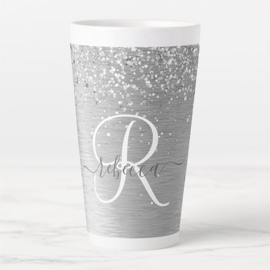 Silver Brushed Metal Glitter Monogram Name Latte Mok (Voorkant)