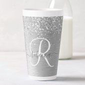Silver Brushed Metal Glitter Monogram Name Latte Mok