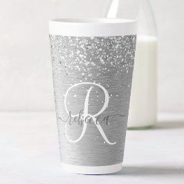 Silver Brushed Metal Glitter Monogram Name Latte Mok