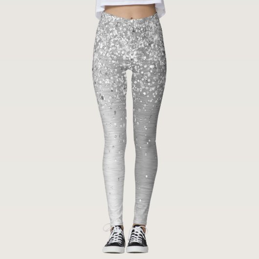 Silver Brushed Metal Glitter Monogram Name Leggings (Voorkant)