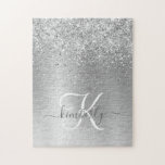 Silver Brushed Metal Glitter Monogram Name Legpuzzel<br><div class="desc">Pas dit trendy puzzelontwerp eenvoudig aan met  zilveren mousserend glitter op een zilveren geborstelde metalen achtergrond.</div>