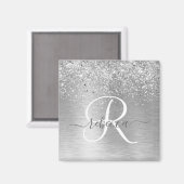 Silver Brushed Metal Glitter Monogram Name Magneet (Voorkant / Achterkant)