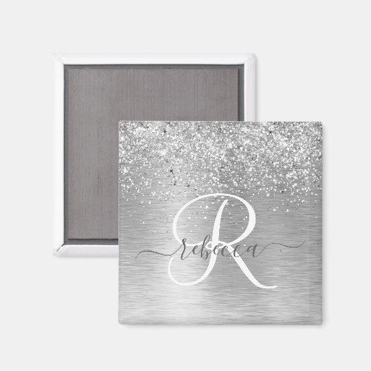Silver Brushed Metal Glitter Monogram Name Magneet (Voorkant / Achterkant)