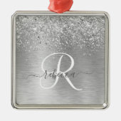 Silver Brushed Metal Glitter Monogram Name Metalen Ornament (Voorkant)