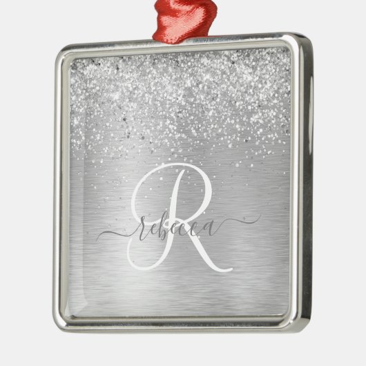 Silver Brushed Metal Glitter Monogram Name Metalen Ornament (Links)