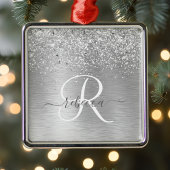 Silver Brushed Metal Glitter Monogram Name Metalen Ornament