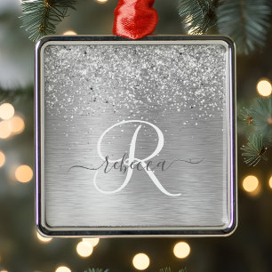 Silver Brushed Metal Glitter Monogram Name Metalen Ornament