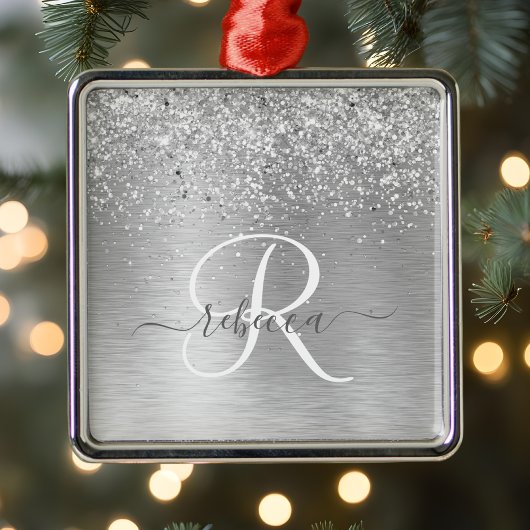 Silver Brushed Metal Glitter Monogram Name Metalen Ornament