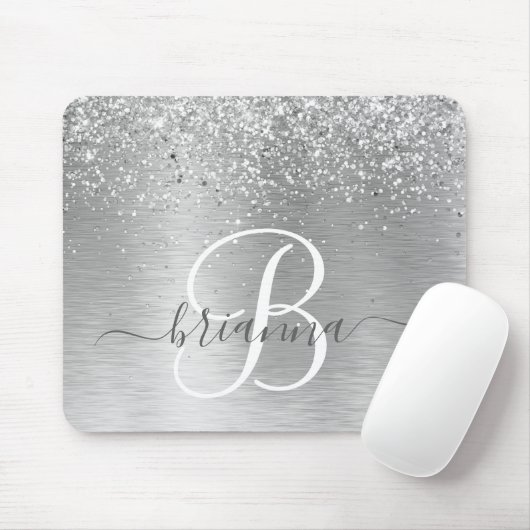 Silver Brushed Metal Glitter Monogram Name Muismat (Met muis)