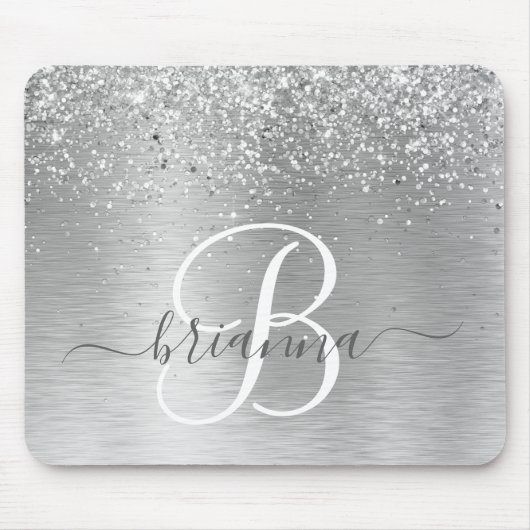Silver Brushed Metal Glitter Monogram Name Muismat (Voorkant)