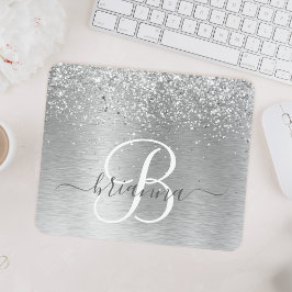 Silver Brushed Metal Glitter Monogram Name Muismat