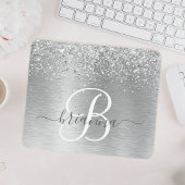 Silver Brushed Metal Glitter Monogram Name Muismat