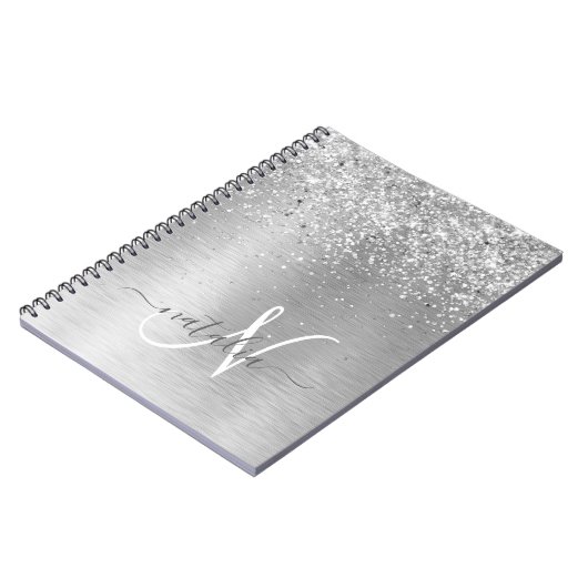 Silver Brushed Metal Glitter Monogram Name Notitieboek (Linkerzijde)