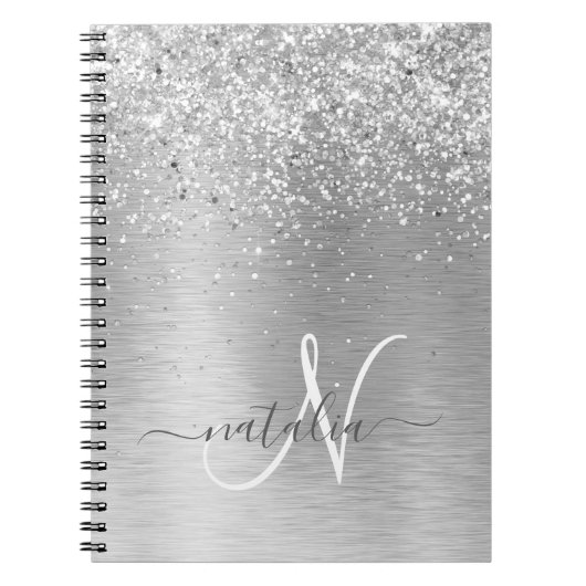 Silver Brushed Metal Glitter Monogram Name Notitieboek (Voorkant)