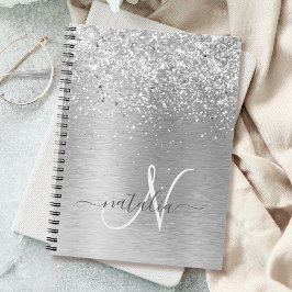 Silver Brushed Metal Glitter Monogram Name Notitieboek