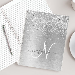 Silver Brushed Metal Glitter Monogram Name Notitieboek