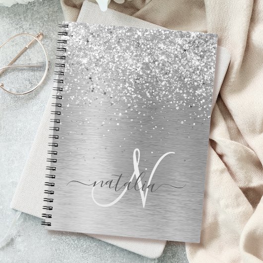 Silver Brushed Metal Glitter Monogram Name Notitieboek