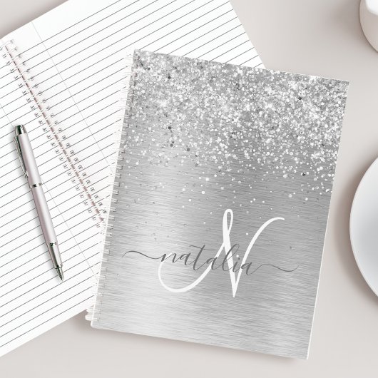 Silver Brushed Metal Glitter Monogram Name Notitieboek