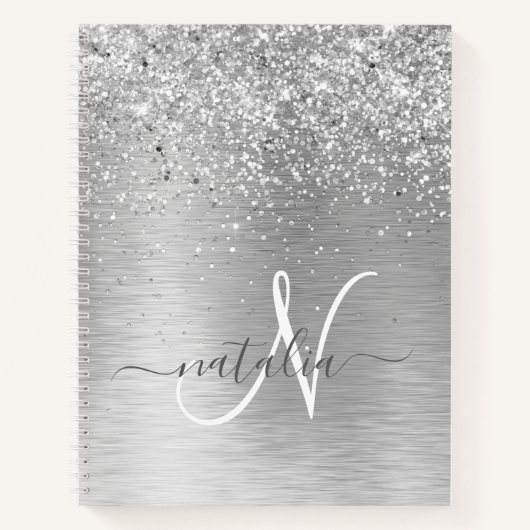 Silver Brushed Metal Glitter Monogram Name Notitieboek (Voorkant)