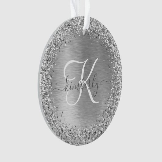 Silver Brushed Metal Glitter Monogram Name Ornament (voorkant)