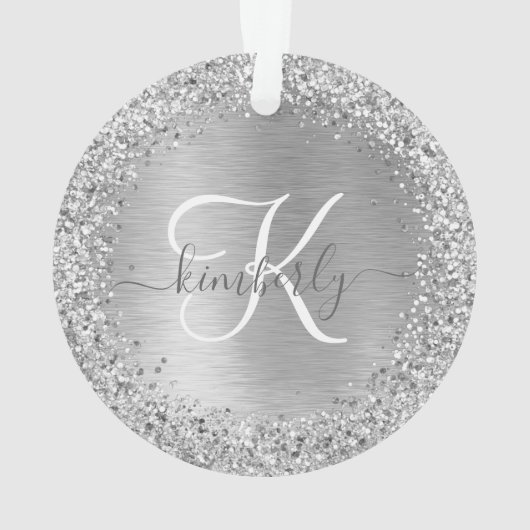 Silver Brushed Metal Glitter Monogram Name Ornament (achterkant)