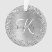 Silver Brushed Metal Glitter Monogram Name Ornament (voorkant)