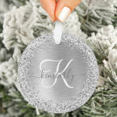 Silver Brushed Metal Glitter Monogram Name Ornament