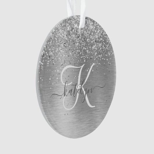 Silver Brushed Metal Glitter Monogram Name Ornament (voorkant)