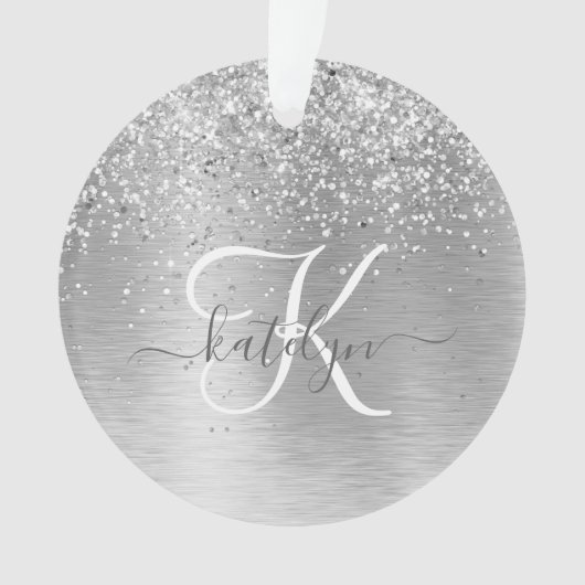 Silver Brushed Metal Glitter Monogram Name Ornament (voorkant)
