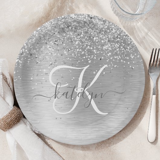 Silver Brushed Metal Glitter Monogram Name Papieren Bordje