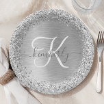 Silver Brushed Metal Glitter Monogram Name Papieren Bordje<br><div class="desc">Pas dit trendy bord van fijn papier eenvoudig aan met  zilveren mousserend glitter op een zilveren geborstelde metalen achtergrond.</div>